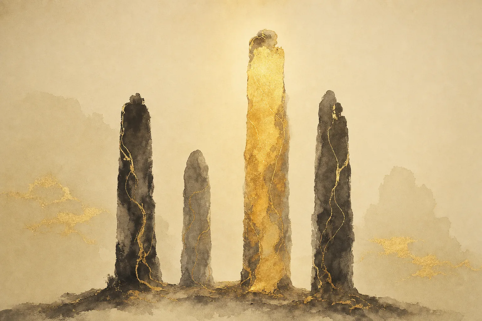 Four ink-brush pillars of different heights, the central one glowing — the four pillars of a saju chart