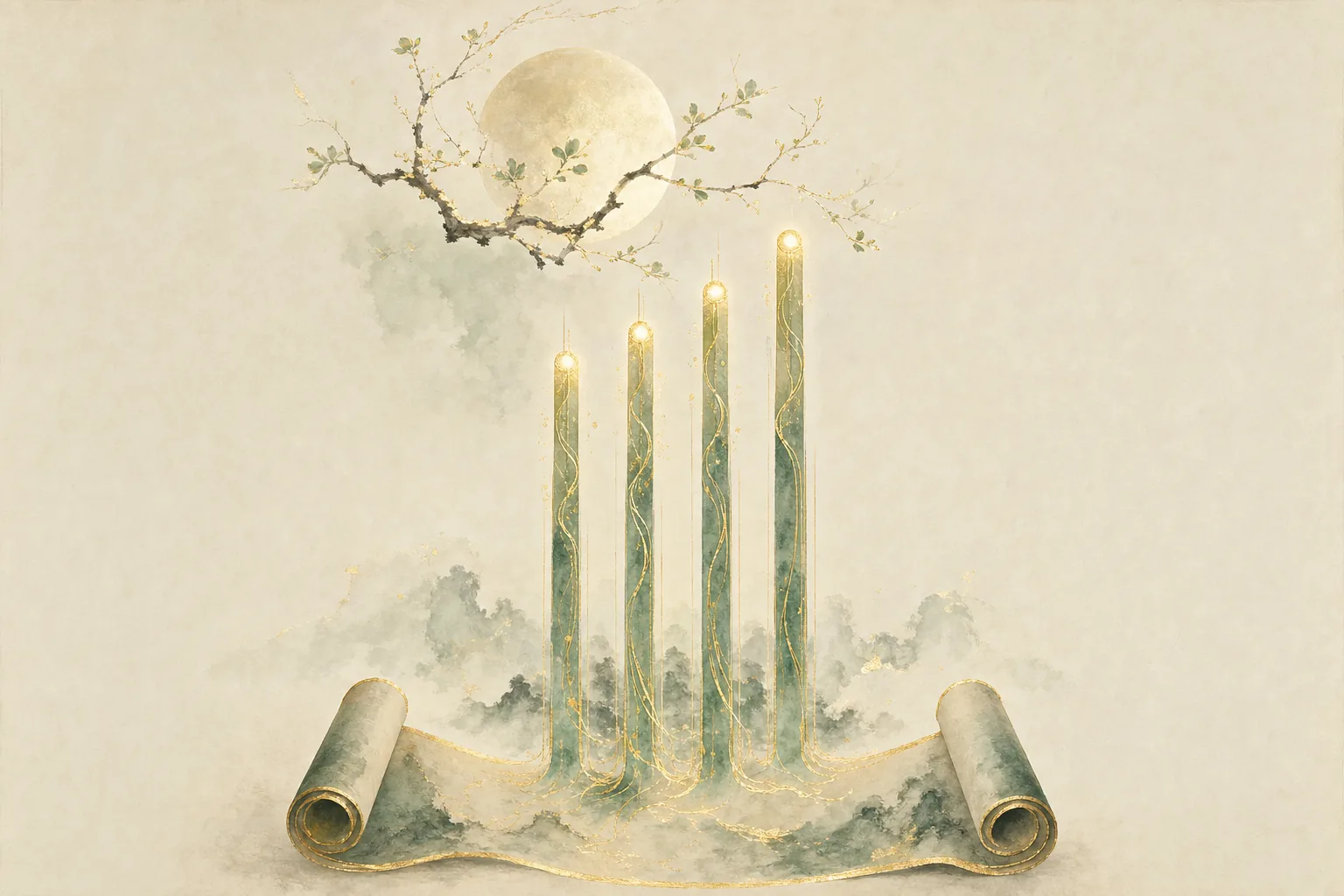 Four pillars of light rising from a scroll beneath a moon