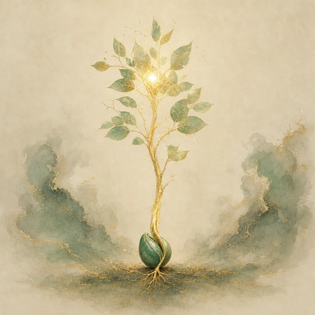 A young tree of light growing from a single seed — the Day Master as inner nature