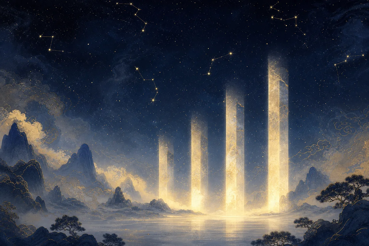 Four Pillars of destiny rising into a starlit sky
